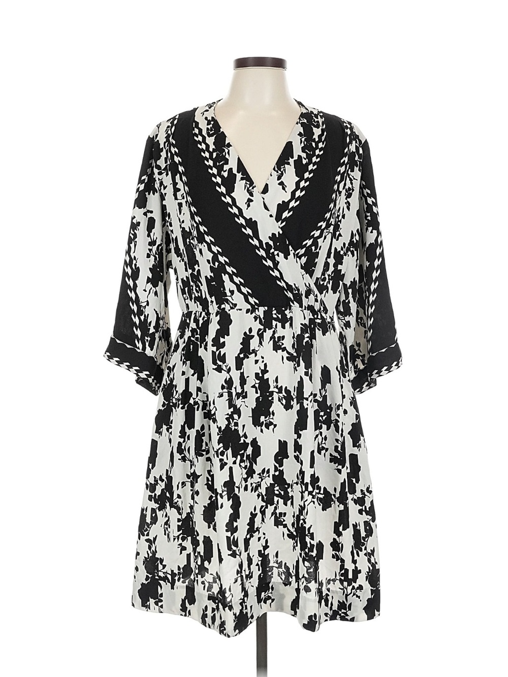 CAbi Black and White Abstract V-Neck Dress